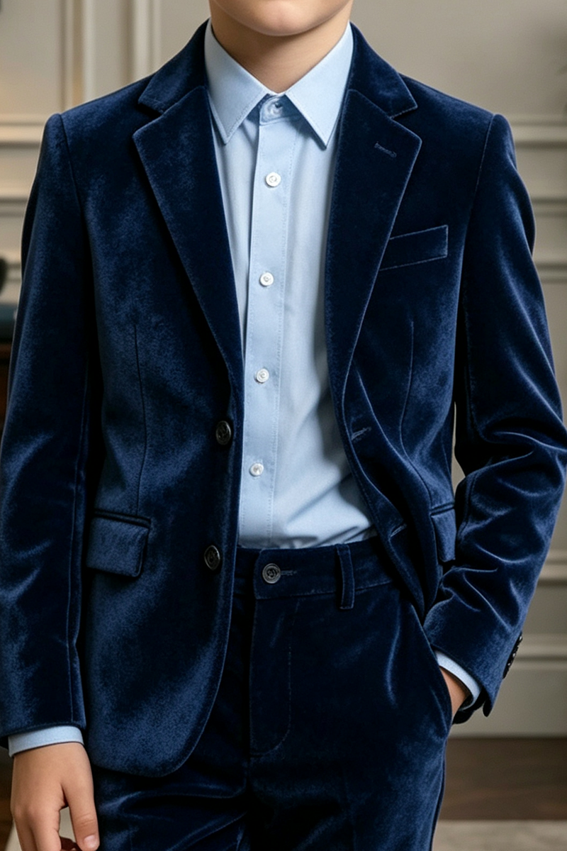 Boys Navy Velvet with Notch Lapel 2-Piece Suit for Weddings