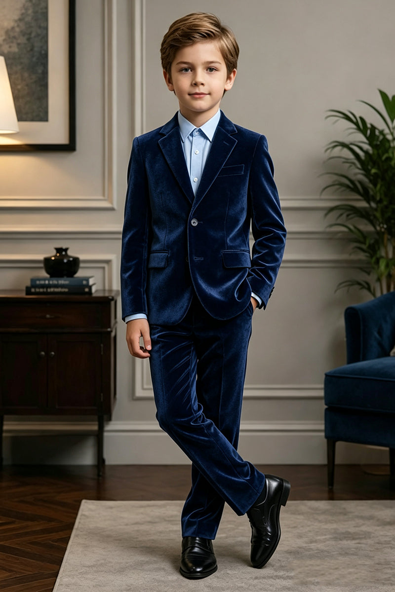 Boys Navy Velvet with Notch Lapel 2-Piece Suit for Weddings