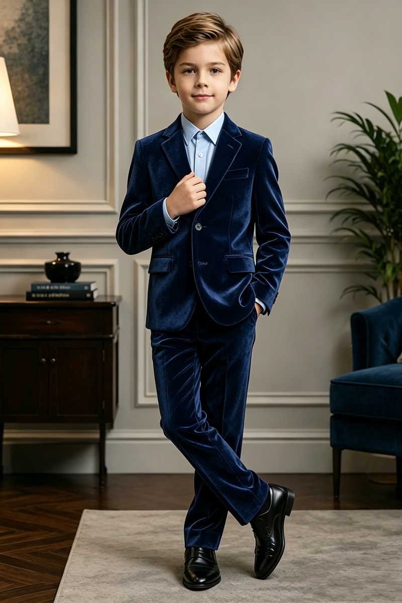 Boys Navy Velvet with Notch Lapel 2-Piece Suit for Weddings