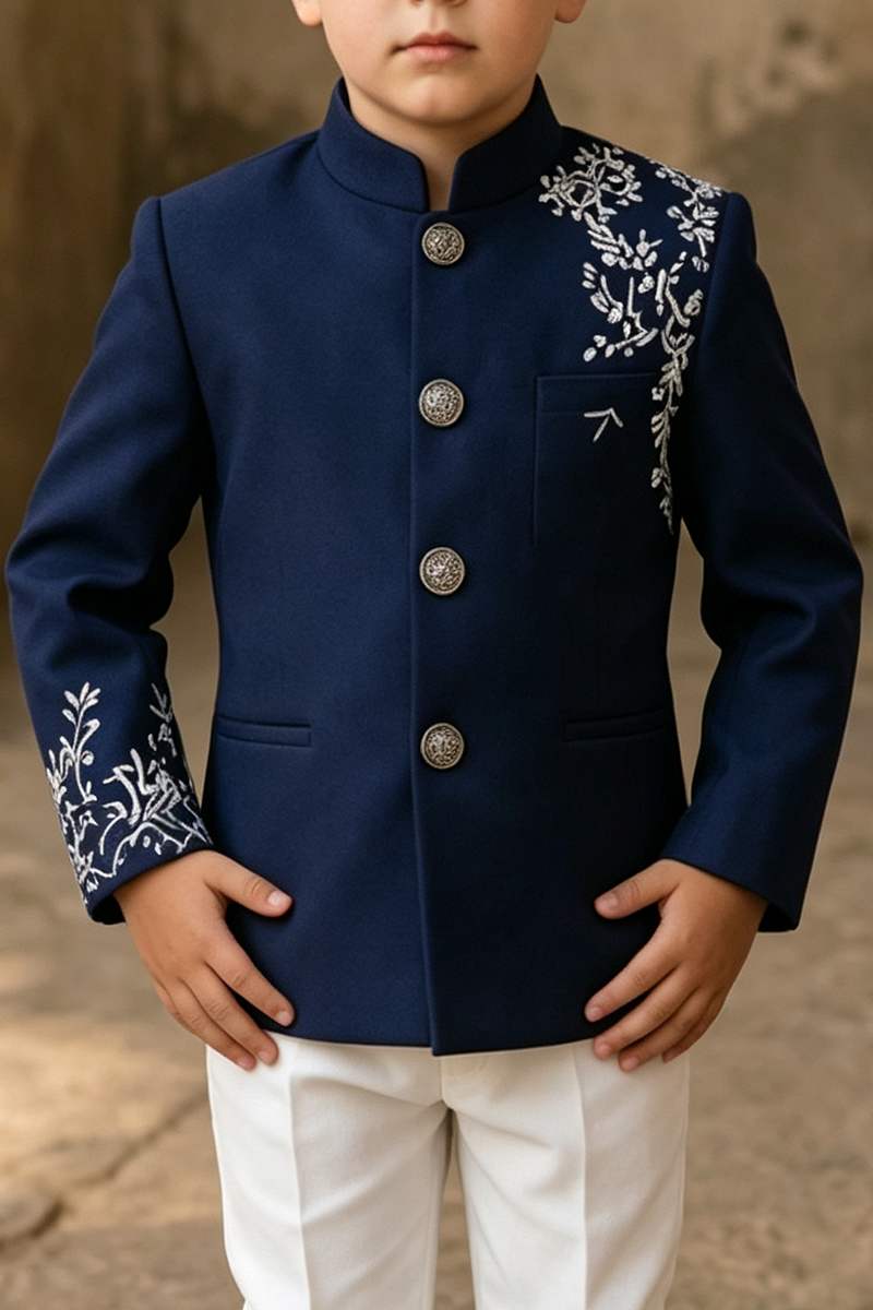 Boys Navy Printed with Mandarin Collar 2-Piece Suit
