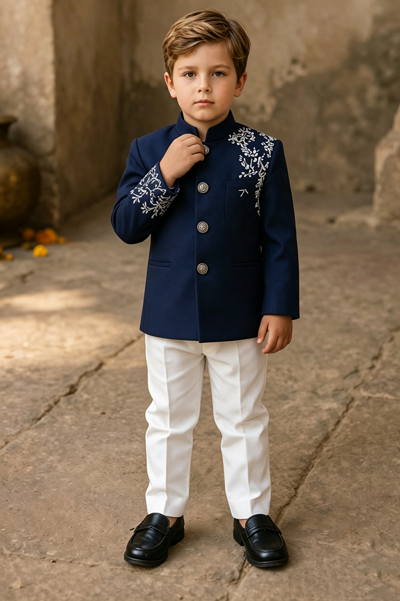 Boys Navy Printed with Mandarin Collar 2-Piece Suit