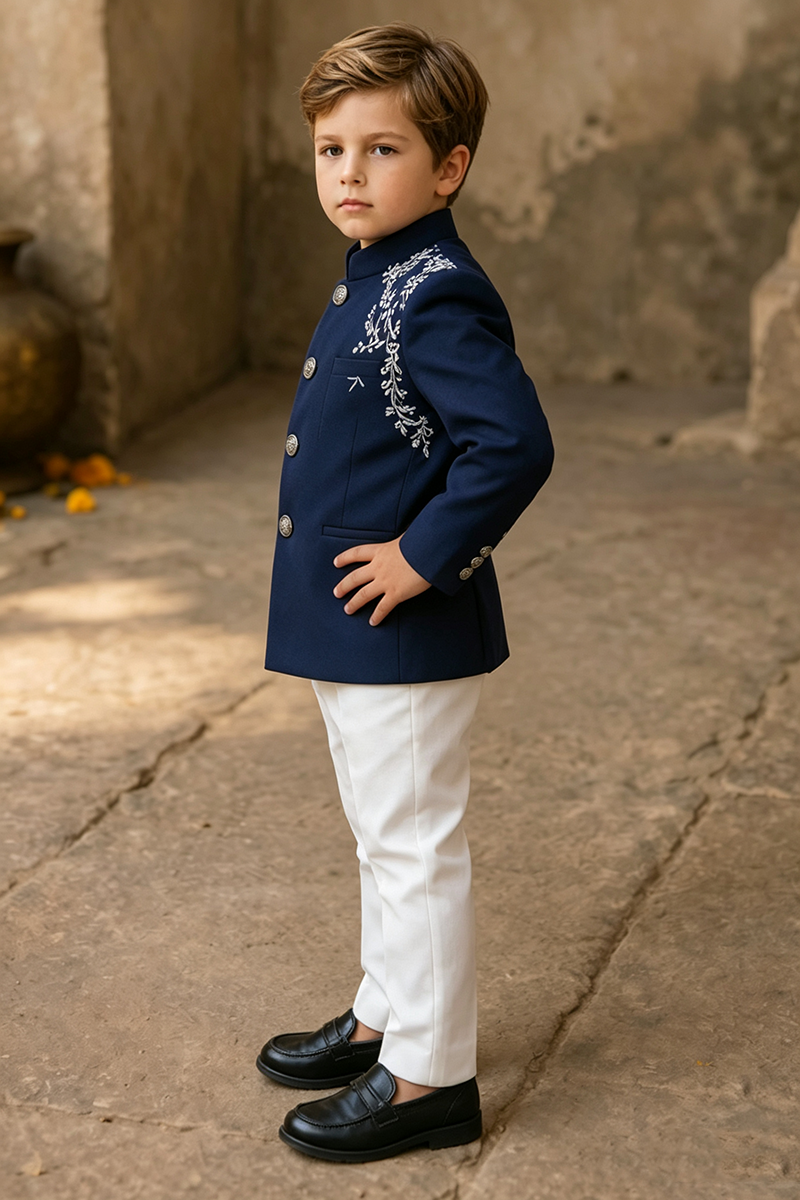 Boys Navy Printed with Mandarin Collar 2-Piece Suit