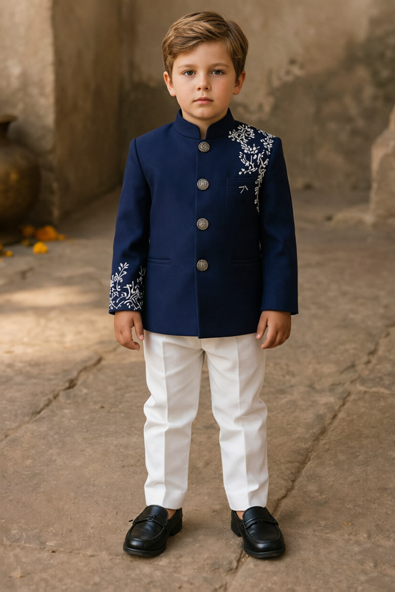 Boys Navy Printed with Mandarin Collar 2-Piece Suit