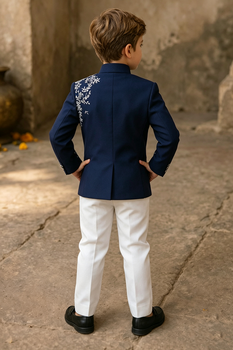 Boys Navy Printed with Mandarin Collar 2-Piece Suit