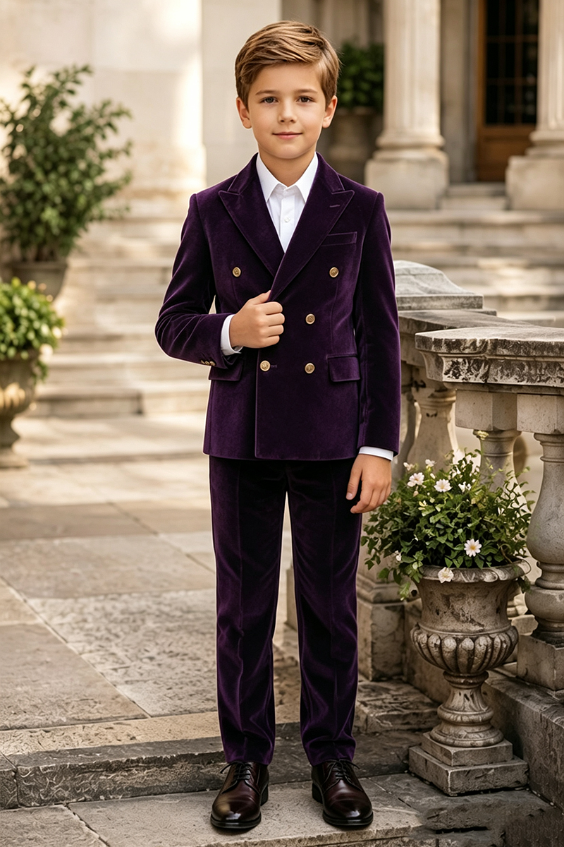 Boys Purple Velvet with Peak Lapel 2-Piece Suit for Weddings