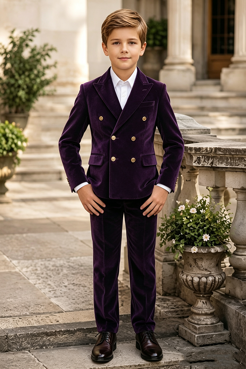 Boys Purple Velvet with Peak Lapel 2-Piece Suit for Weddings