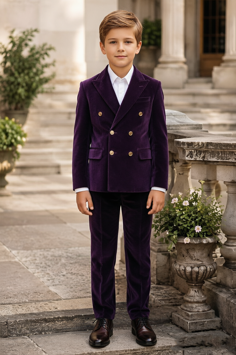 Boys Purple Velvet with Peak Lapel 2-Piece Suit for Weddings