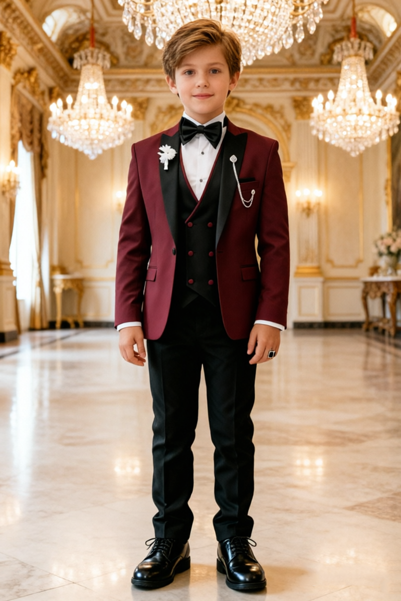 Boys Burgundy Tuxedo with Peak Lapel 3 Piece Suit