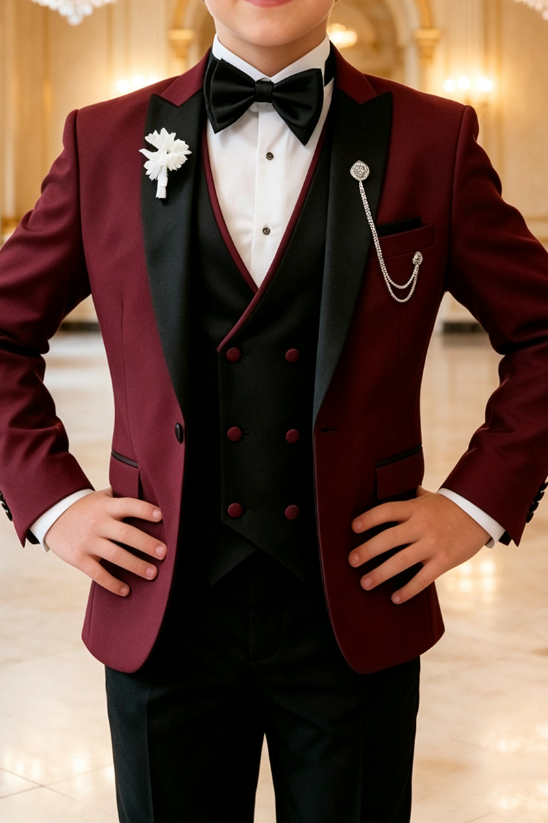 Boys Burgundy Tuxedo with Peak Lapel 3 Piece Suit