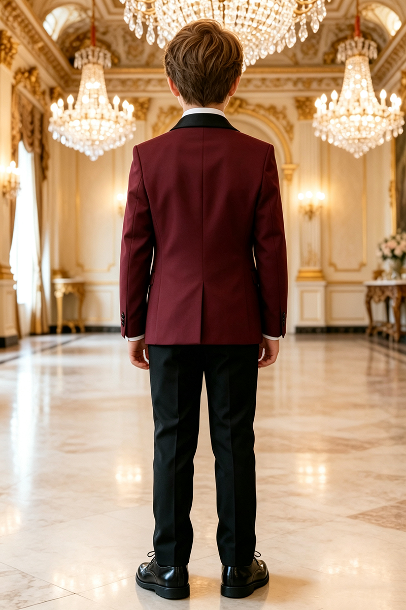 Boys Burgundy Tuxedo with Peak Lapel 3 Piece Suit