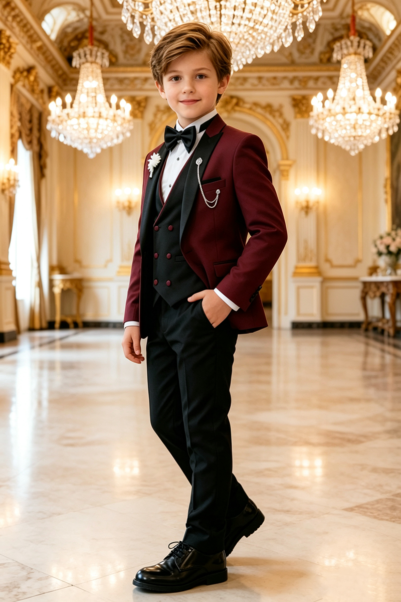 Boys Burgundy Tuxedo with Peak Lapel 3 Piece Suit