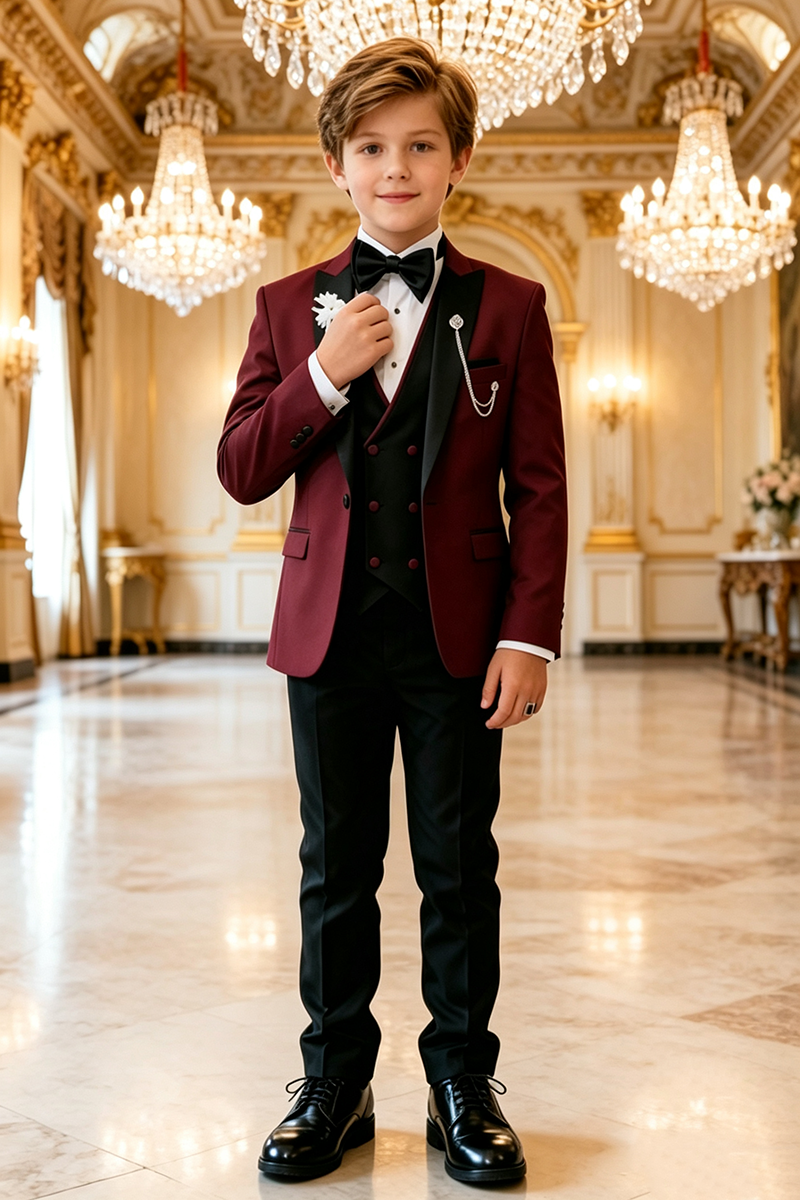Boys Burgundy Tuxedo with Peak Lapel 3 Piece Suit