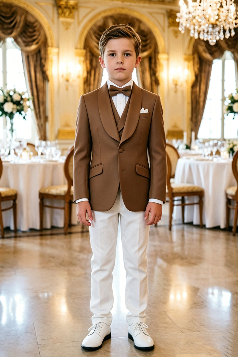 Boys Brown Tuxedo  3 Piece Suit for Weddings with Shawl Collar