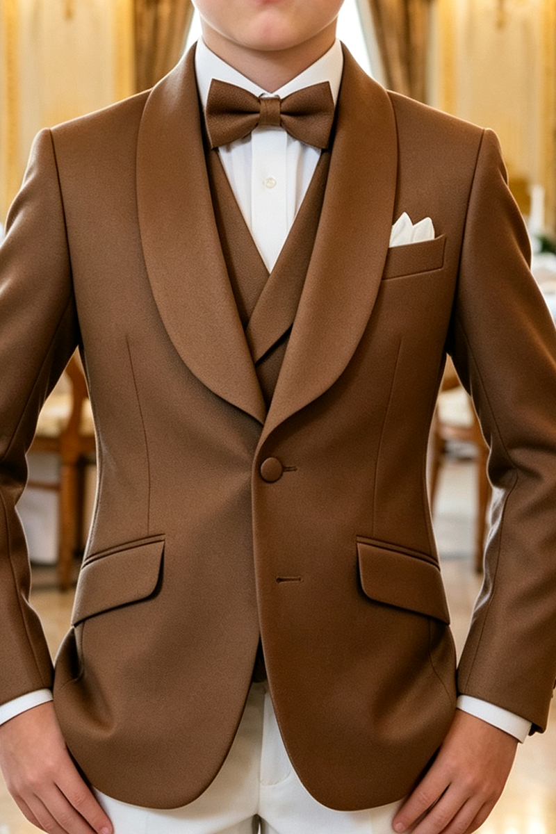 Boys Brown Tuxedo  3 Piece Suit for Weddings with Shawl Collar