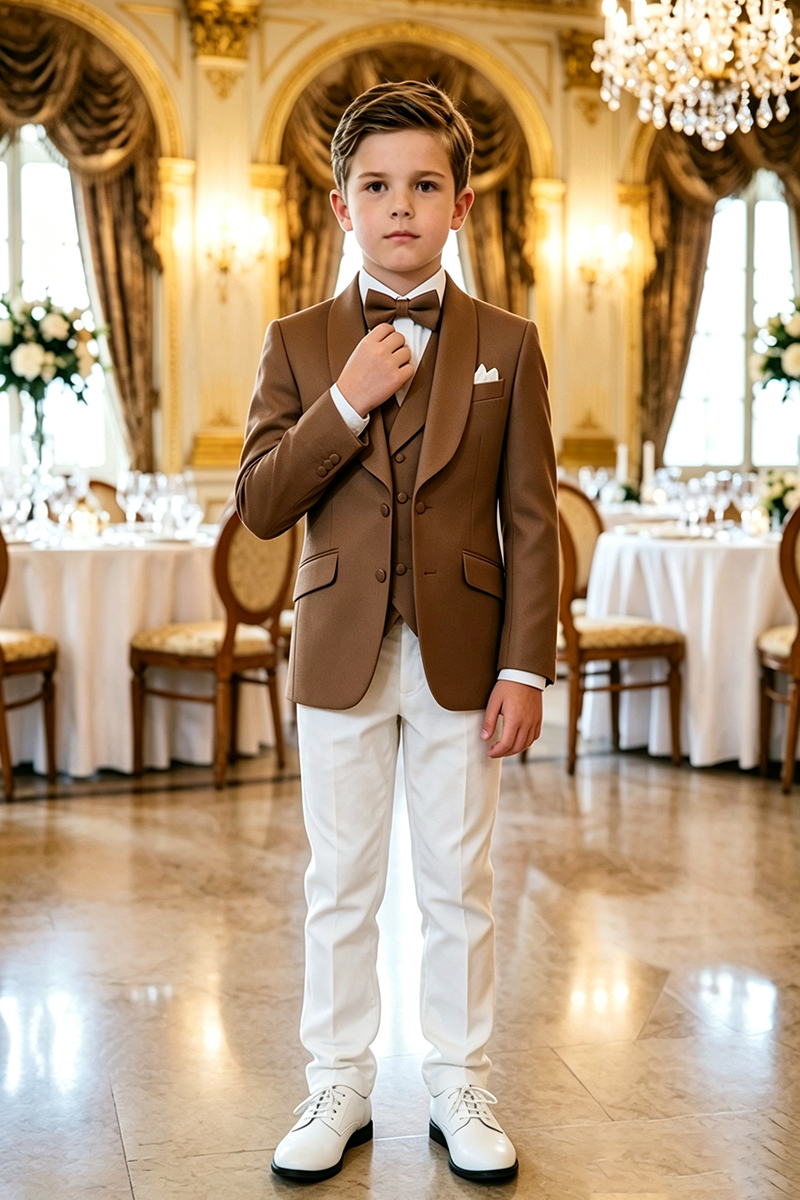 Boys Brown Tuxedo  3 Piece Suit for Weddings with Shawl Collar