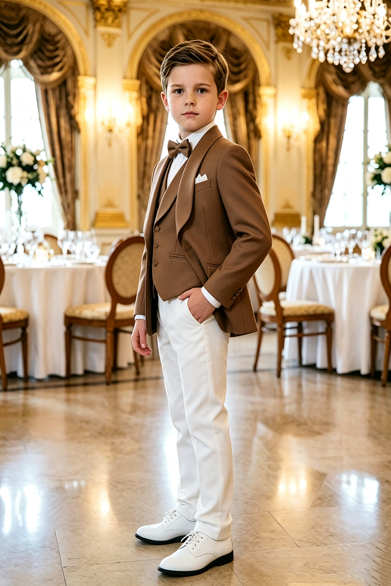 Boys Brown Tuxedo  3 Piece Suit for Weddings with Shawl Collar