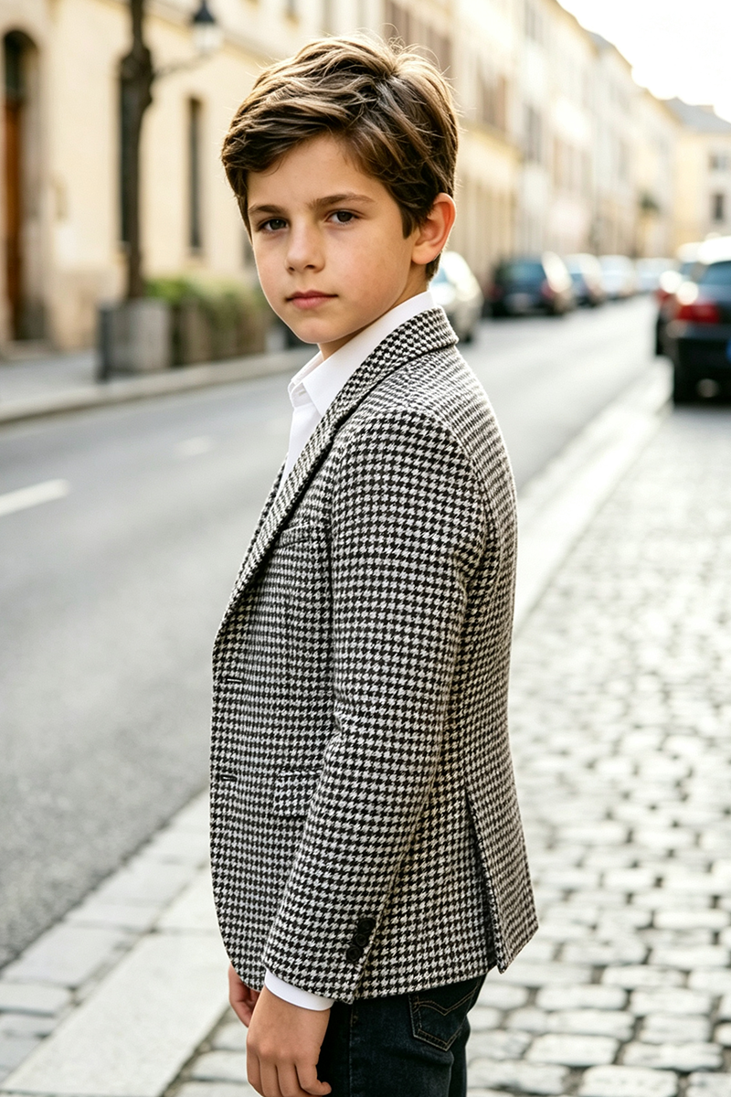 Boys Houndstooth Blazer for Weddings with Notch Lapel