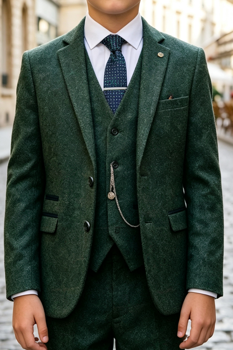 Boys Green 3 Piece Suit for Weddings with Notch Lapel