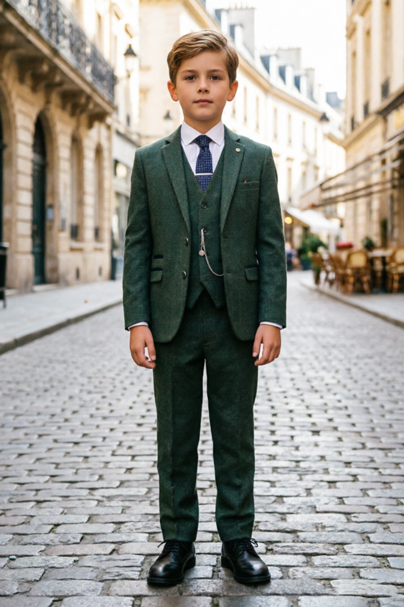 Boys Green 3 Piece Suit for Weddings with Notch Lapel