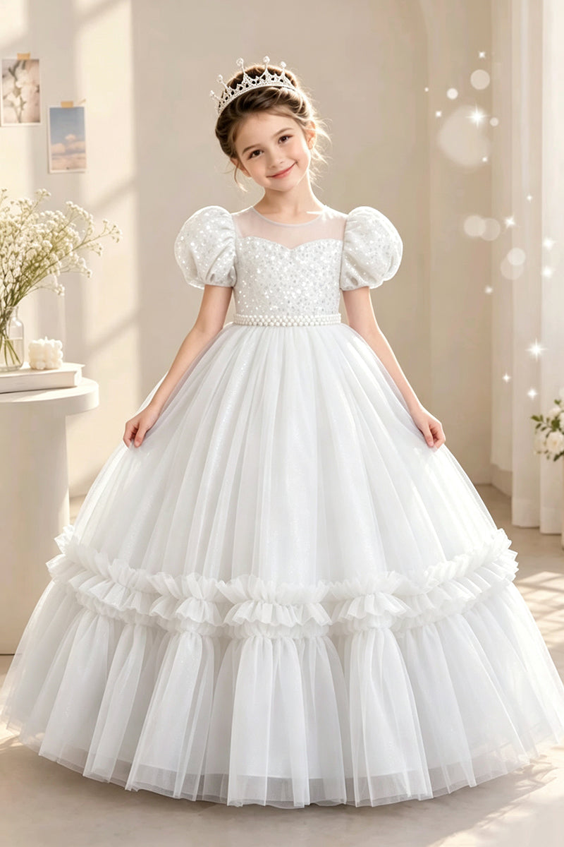 Girls Light Blue Sequin Tulle Gown for Weddings with Puff Sleeves