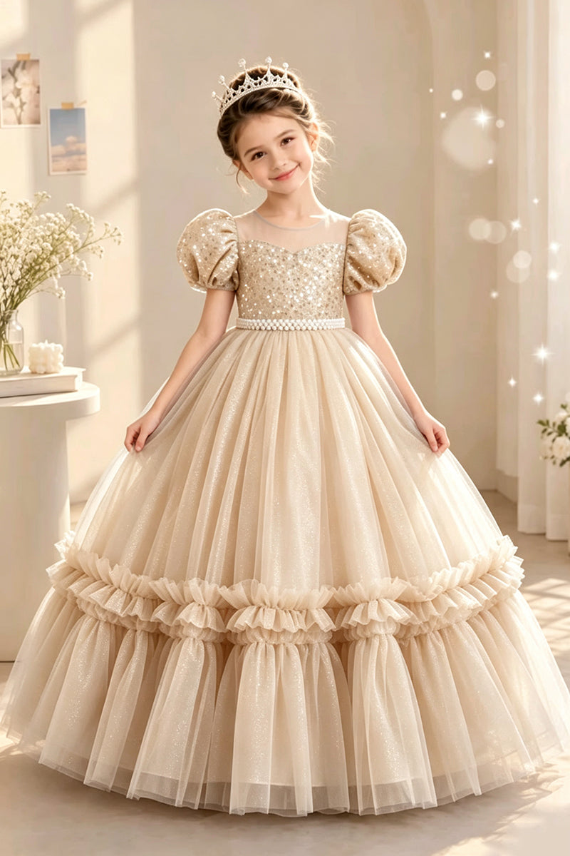 Girls Light Blue Sequin Tulle Gown for Weddings with Puff Sleeves
