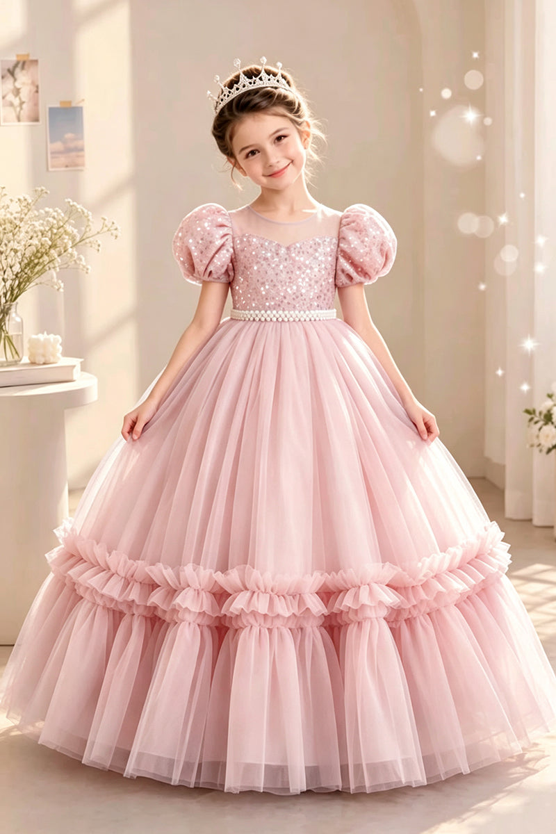 Girls Light Blue Sequin Tulle Gown for Weddings with Puff Sleeves