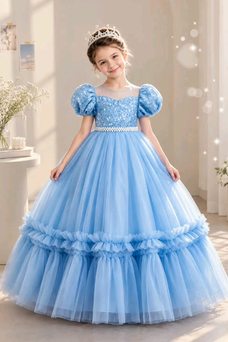 Girls Light Blue Sequin Tulle Gown for Weddings with Puff Sleeves