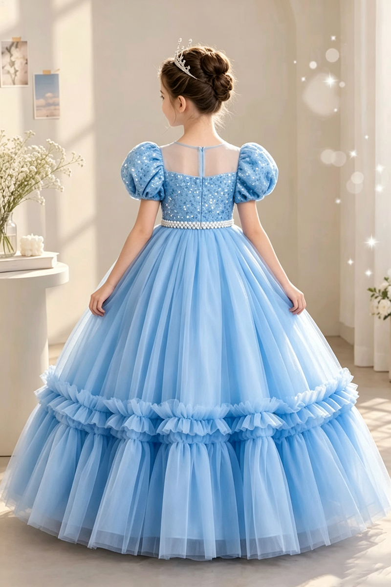 Girls Light Blue Sequin Tulle Gown for Weddings with Puff Sleeves