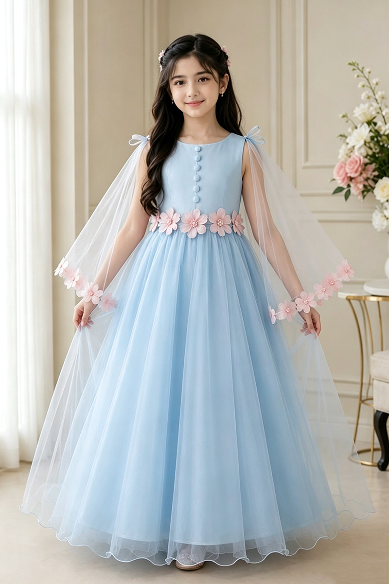 Girls Pink Tulle Flower Dress for Weddings with Sheer Cape Sleeves