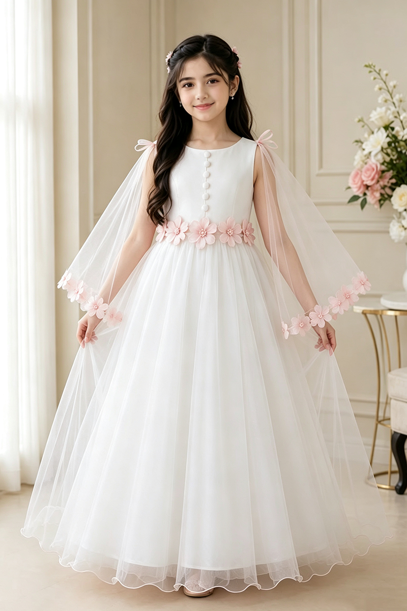 Girls Pink Tulle Flower Dress for Weddings with Sheer Cape Sleeves