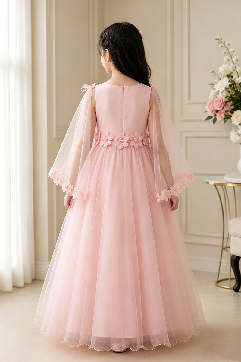 Girls Pink Tulle Flower Dress for Weddings with Sheer Cape Sleeves