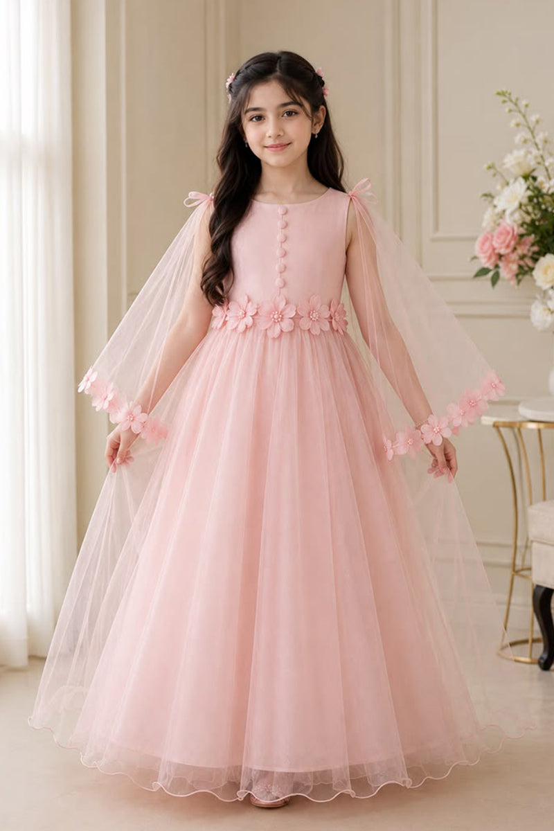 Girls Pink Tulle Flower Dress for Weddings with Sheer Cape Sleeves