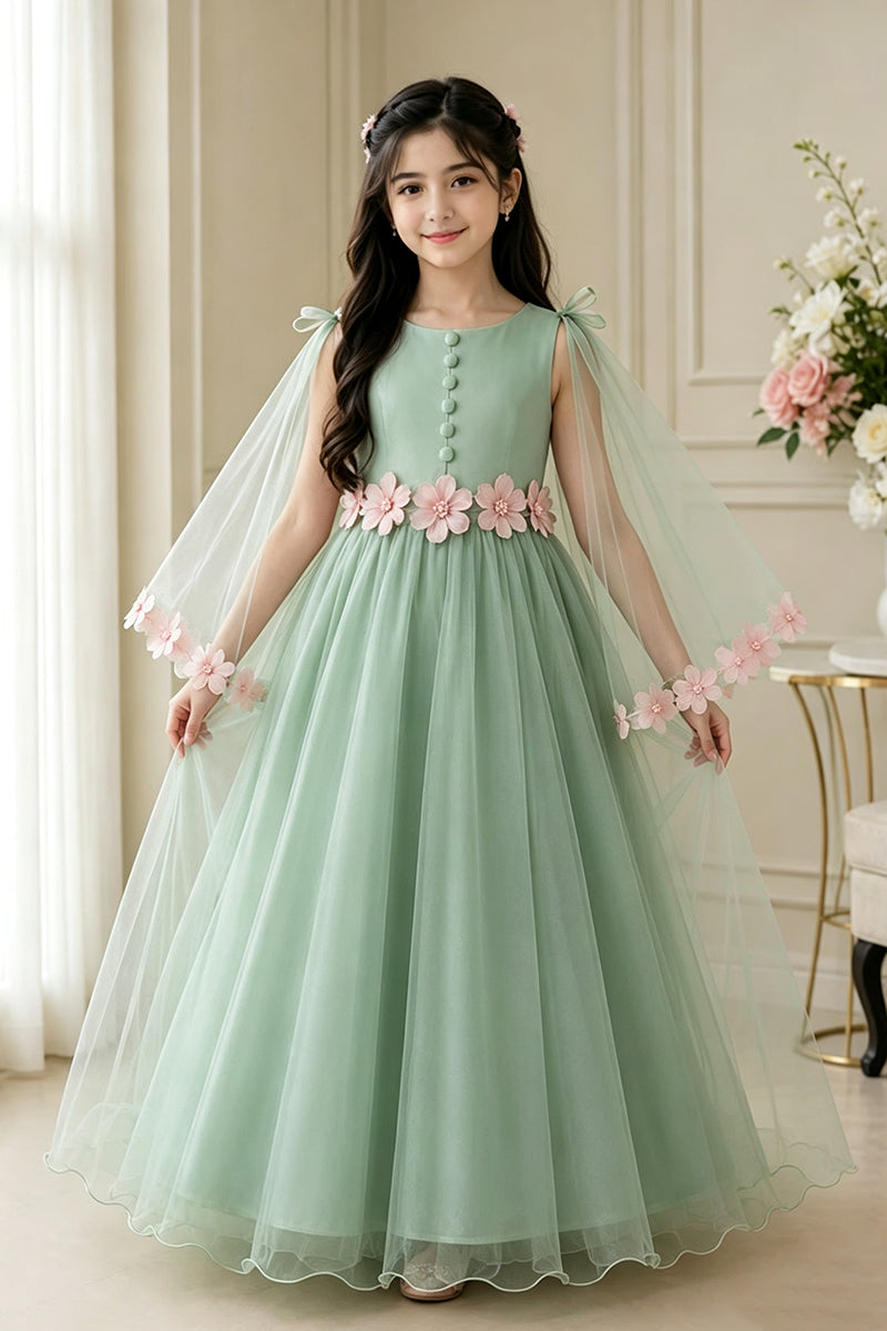 Girls Pink Tulle Flower Dress for Weddings with Sheer Cape Sleeves