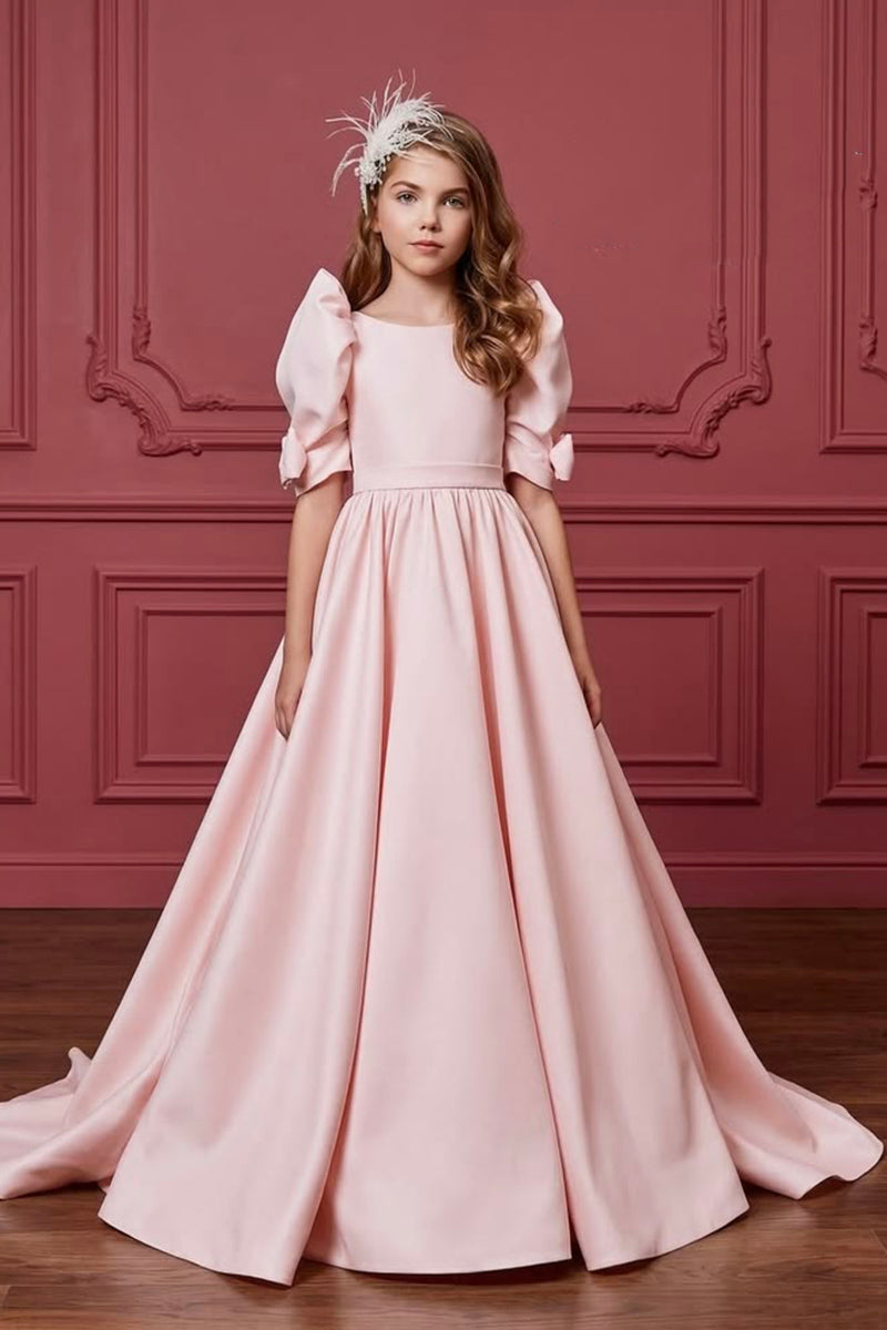Girls Pink Satin Gown for Weddings with Puff Sleeves and Bow Details