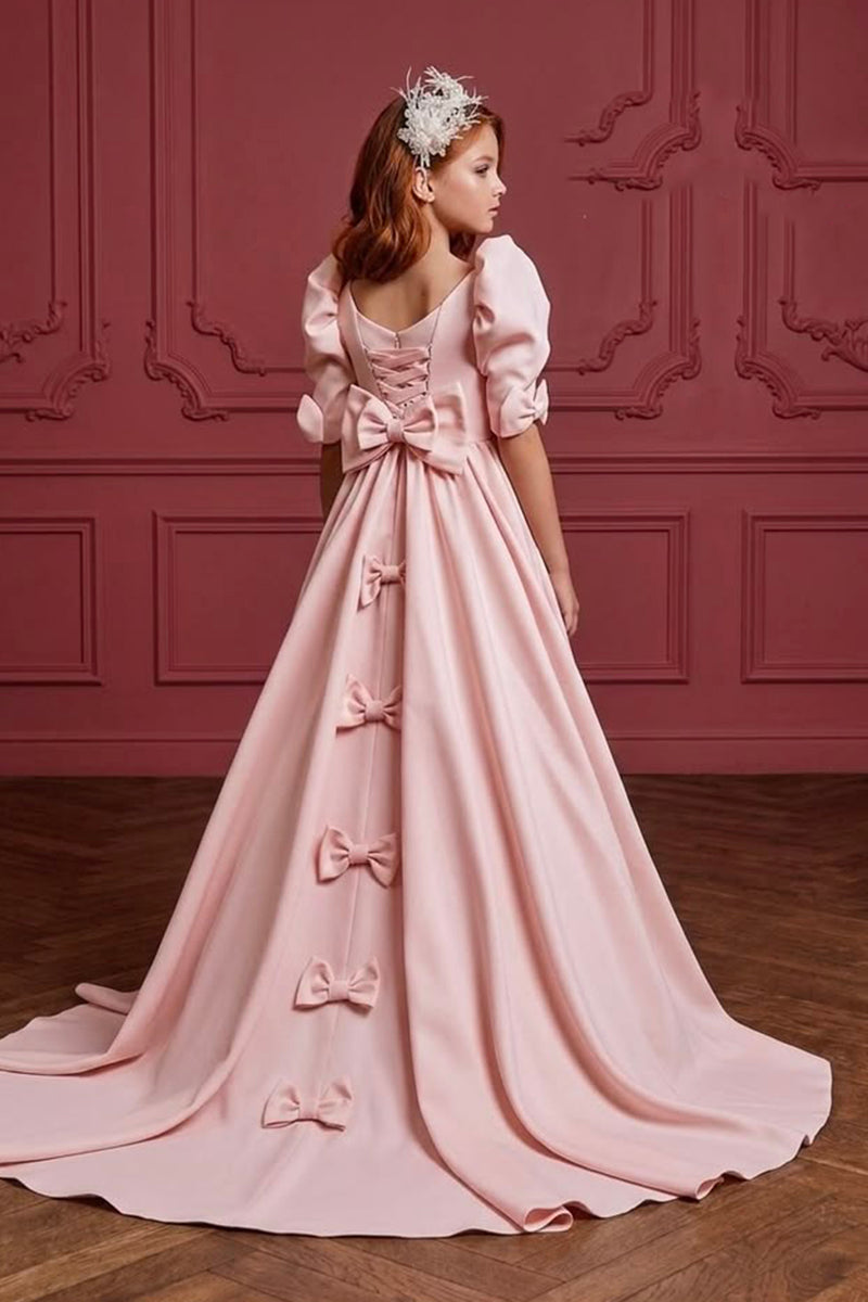 Girls Pink Satin Gown for Weddings with Puff Sleeves and Bow Details