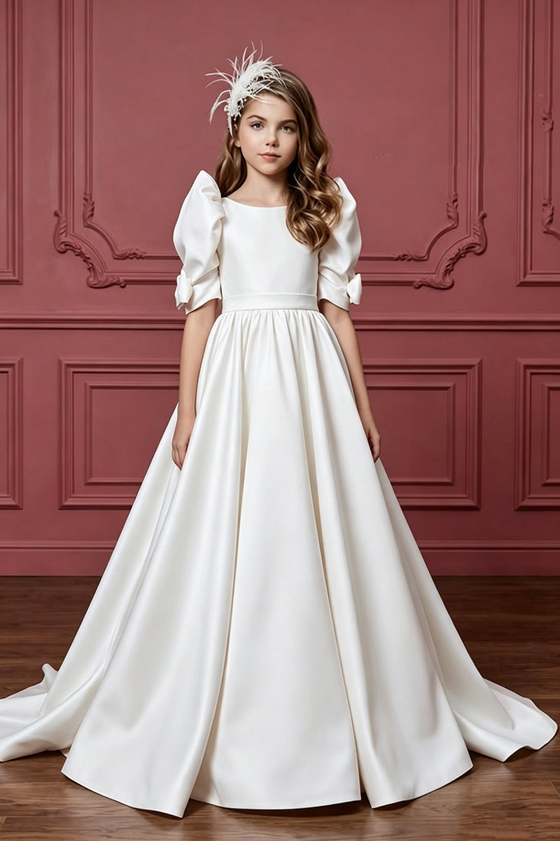 Girls Pink Satin Gown for Weddings with Puff Sleeves and Bow Details