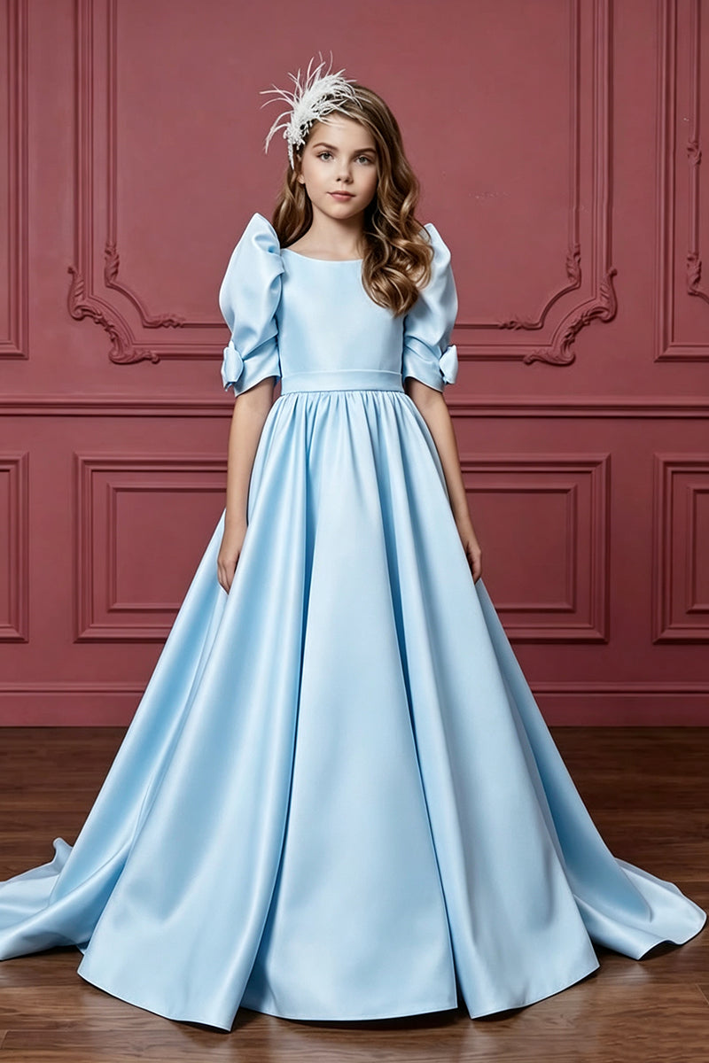 Girls Pink Satin Gown for Weddings with Puff Sleeves and Bow Details