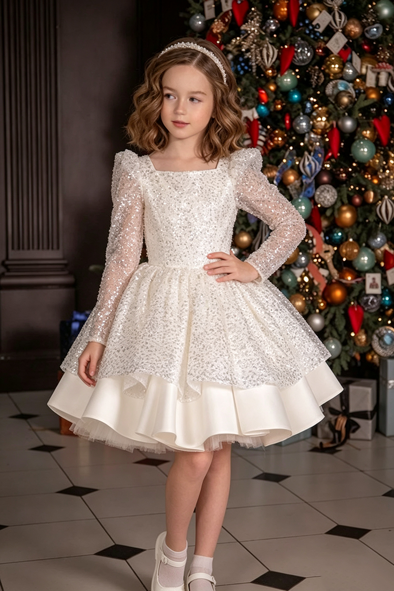 Girls White Sequin Tulle Dress for Weddings with Long Puff Sleeves