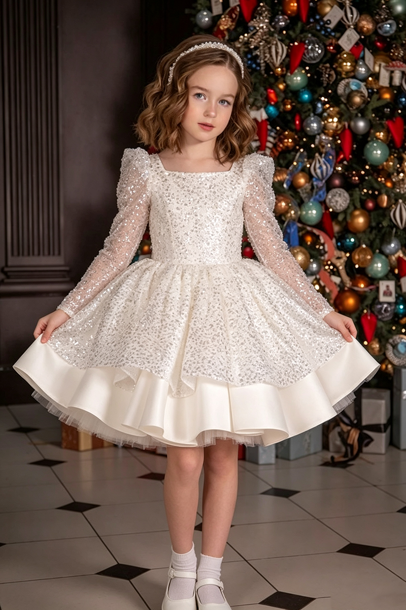 Girls White Sequin Tulle Dress for Weddings with Long Puff Sleeves