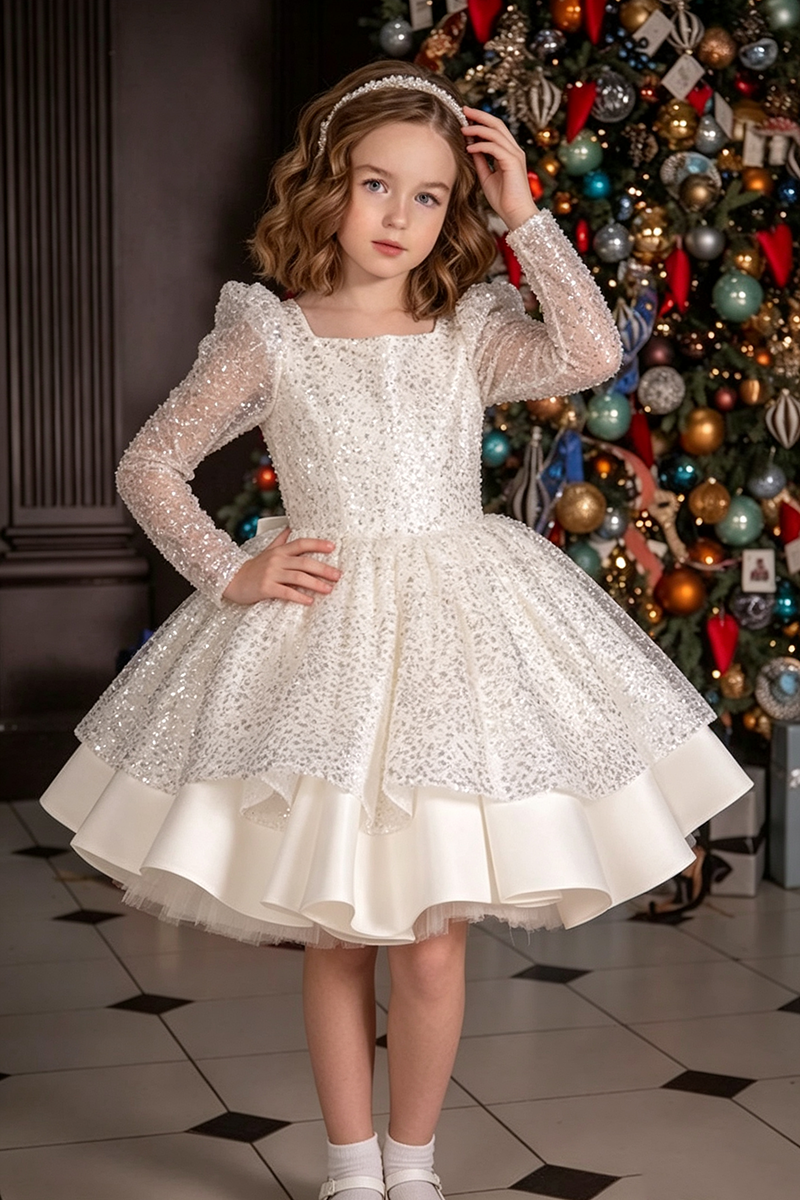 Girls White Sequin Tulle Dress for Weddings with Long Puff Sleeves