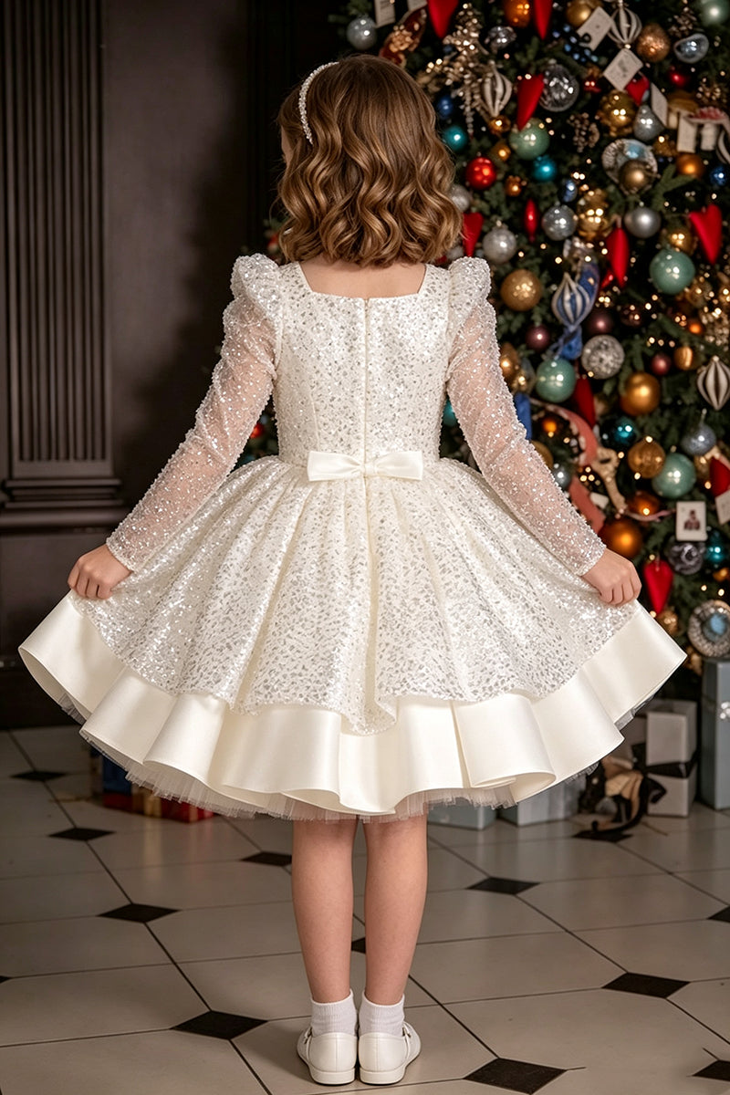 Girls White Sequin Tulle Dress for Weddings with Long Puff Sleeves