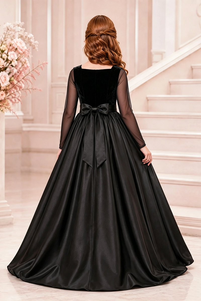 Girls Black Velvet Satin Gown for Weddings with Sheer Long Sleeves