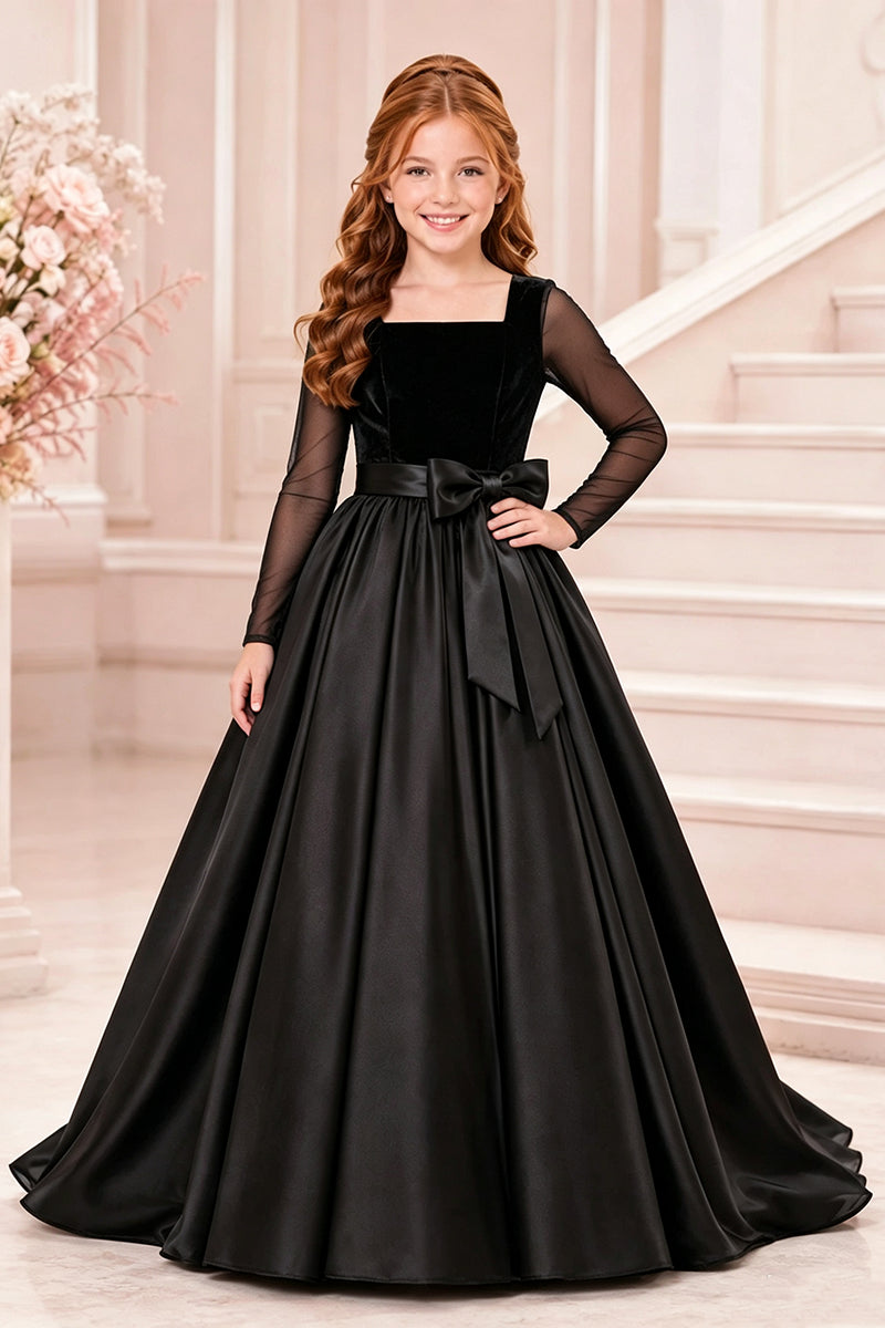 Girls Black Velvet Satin Gown for Weddings with Sheer Long Sleeves