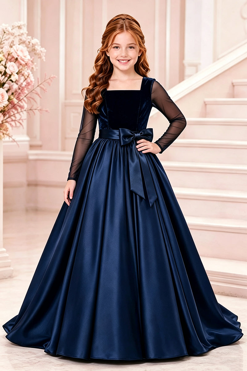 Girls Black Velvet Satin Gown for Weddings with Sheer Long Sleeves