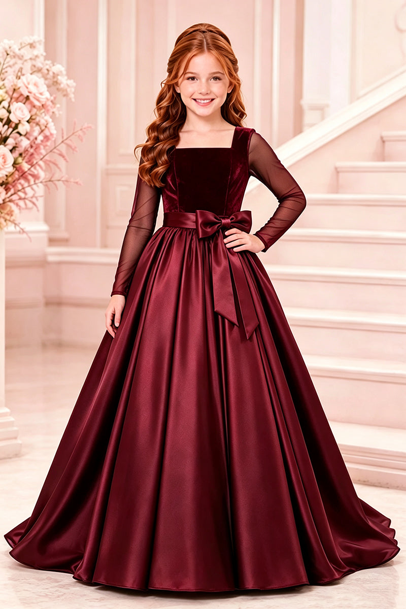 Girls Black Velvet Satin Gown for Weddings with Sheer Long Sleeves