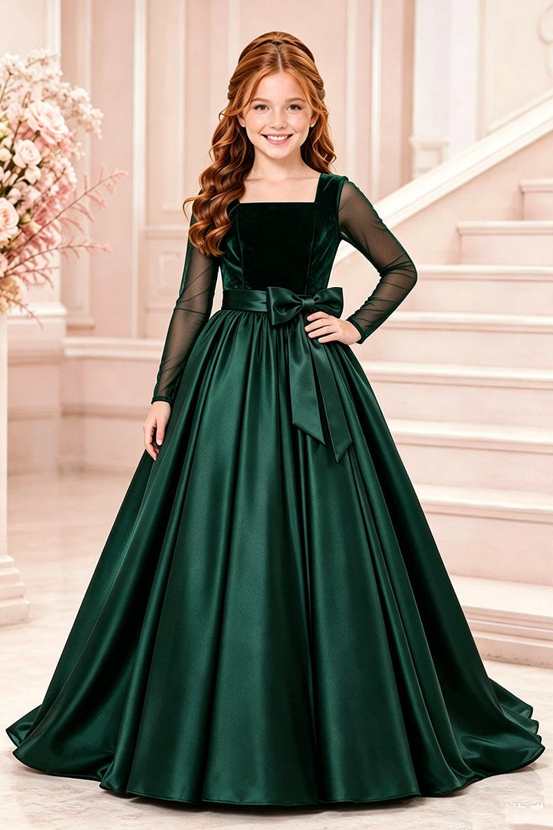 Girls Black Velvet Satin Gown for Weddings with Sheer Long Sleeves