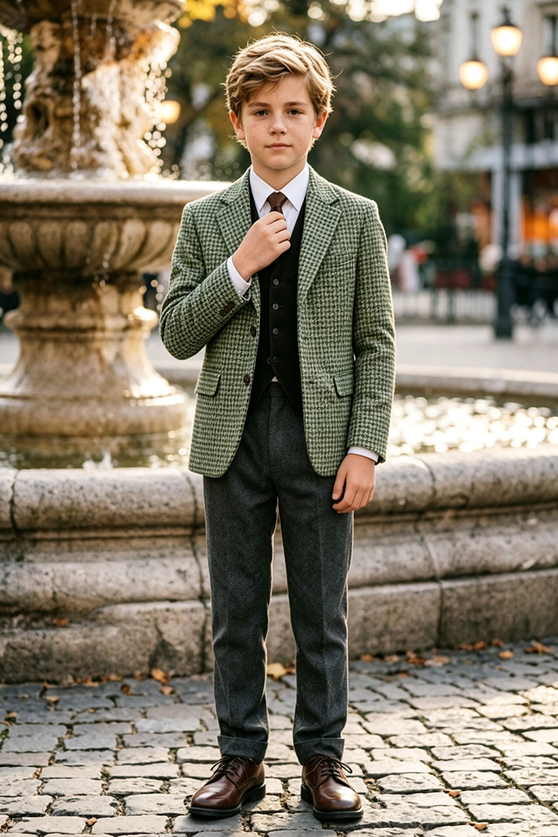 Boys Green Houndstooth 2-Piece Suit for Weddings