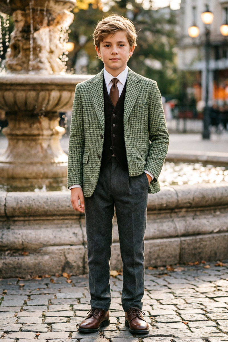 Boys Green Houndstooth 2-Piece Suit for Weddings