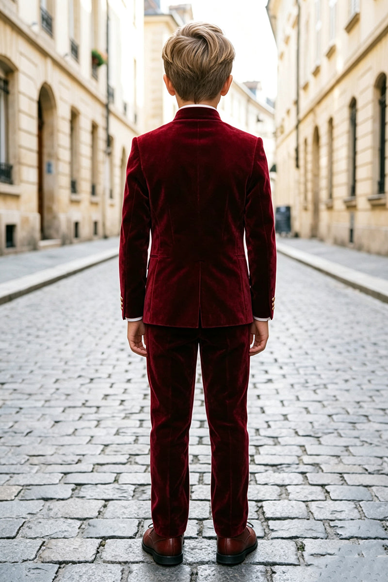 Boys Burgundy Velvet with Mandarin Collar 2-Piece Suit for Weddings