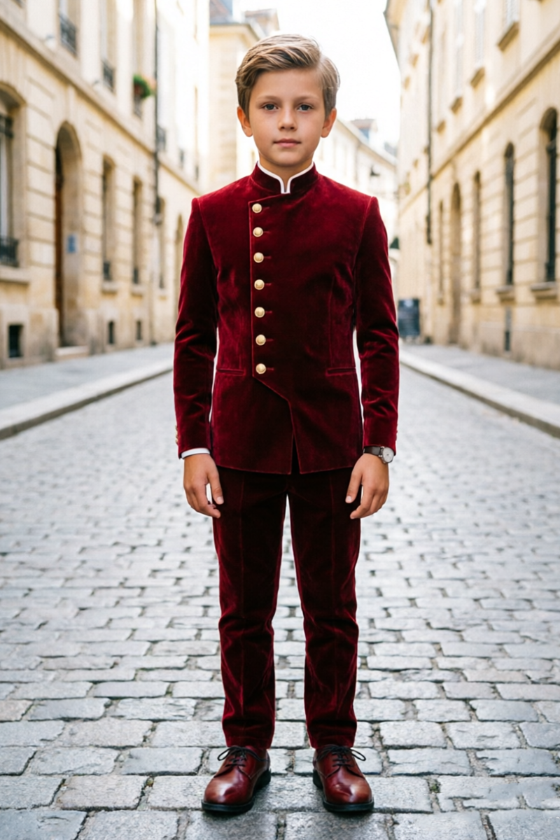 Boys Burgundy Velvet with Mandarin Collar 2-Piece Suit for Weddings